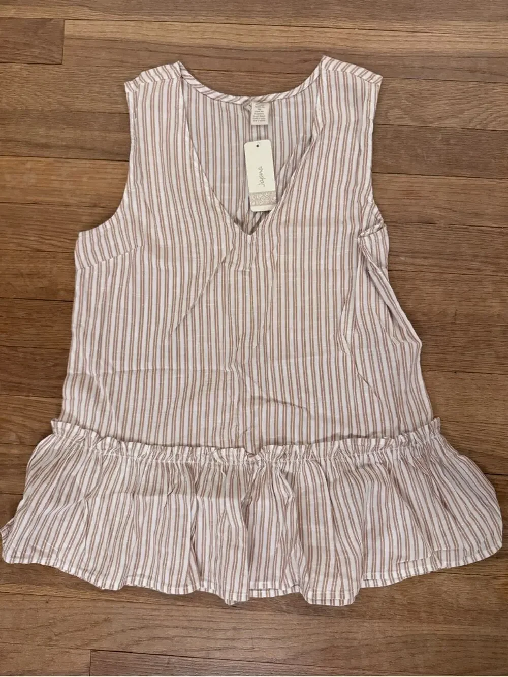 NWT Japna Women's Tan White Striped Sleeveless Peplum Top - Size S   b20